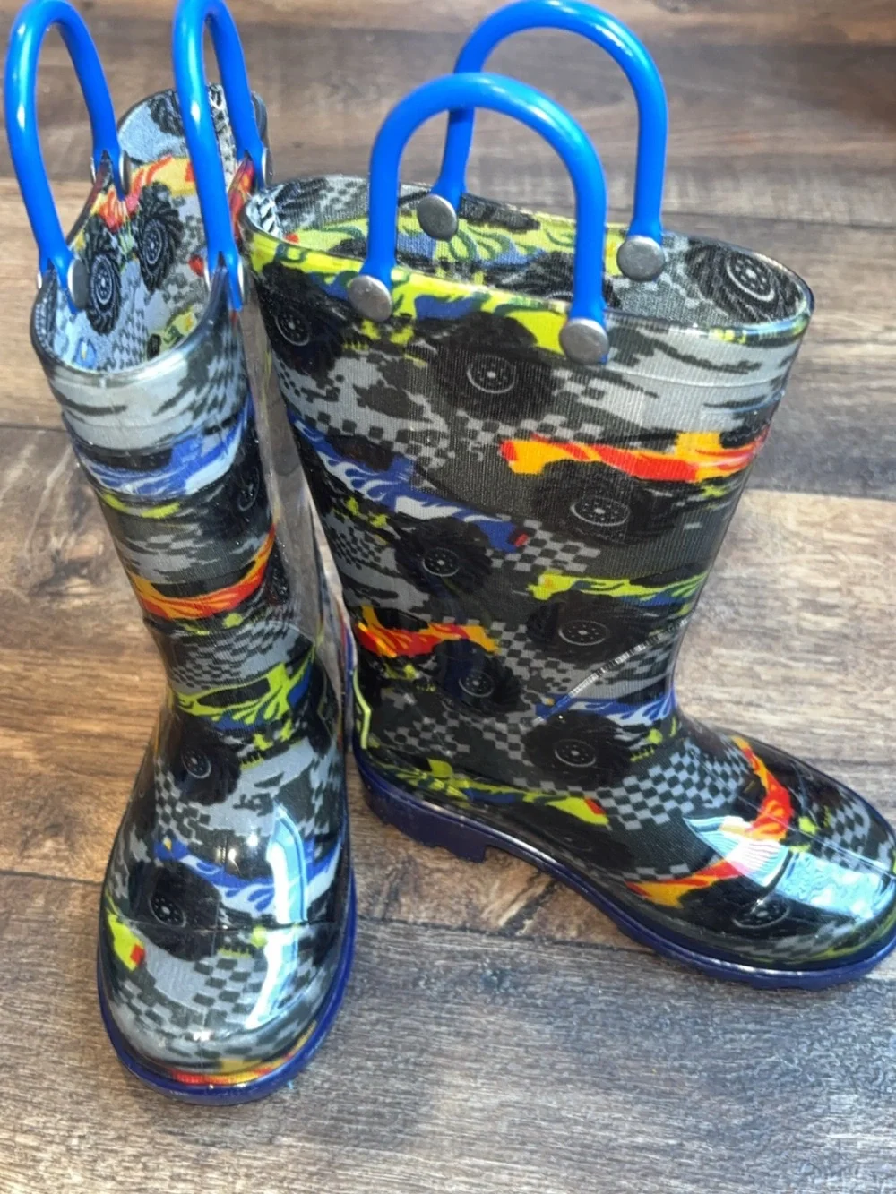 Kids Blue Handle Monster Truck Rain Boots